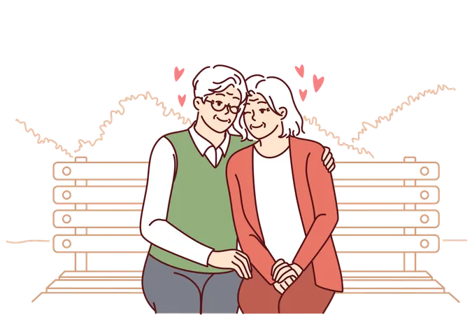 Una pareja de ancianos enamorada se sienta en un banco del parque abrazándose y disfrutando de una vida familiar feliz  Ilustración