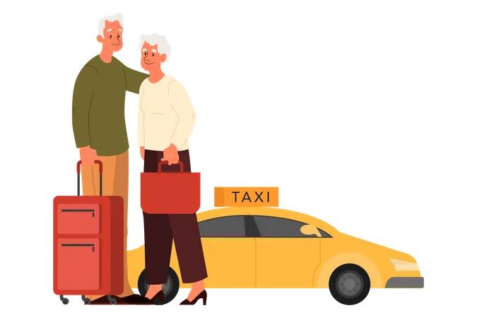 Pareja de ancianos esperando un taxi  Ilustración