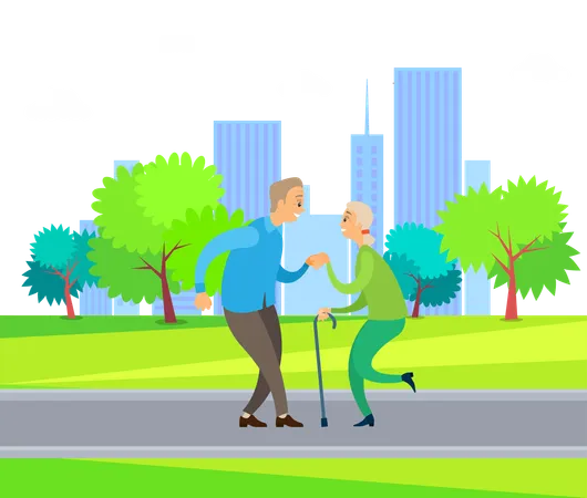 La pareja de ancianos baila en el parque  Ilustración