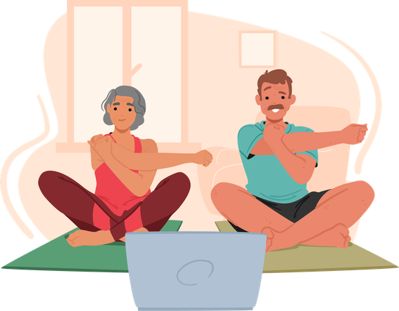 La pareja de ancianos practica yoga  Ilustración