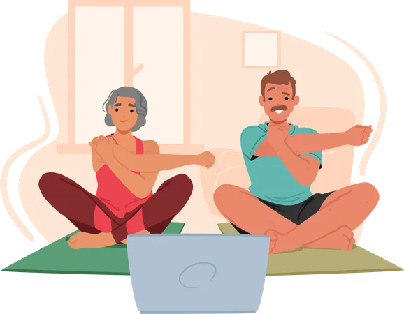 La pareja de ancianos practica yoga  Ilustración