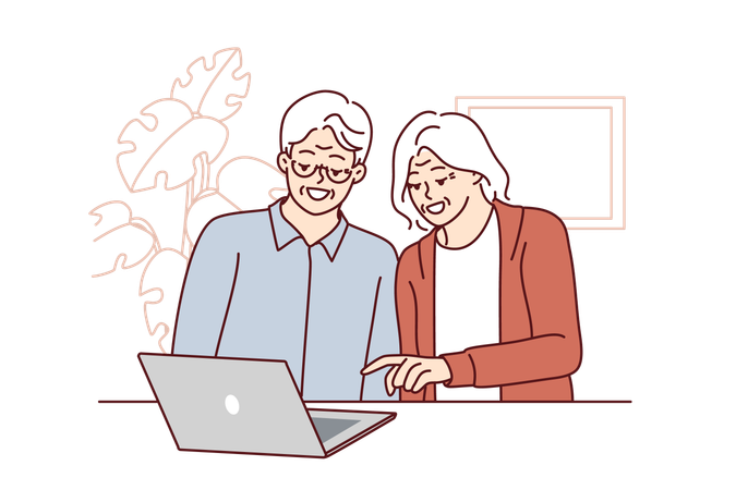 La pareja de ancianos está charlando en una computadora portátil  Ilustración