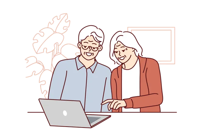 La pareja de ancianos está charlando en una computadora portátil  Ilustración