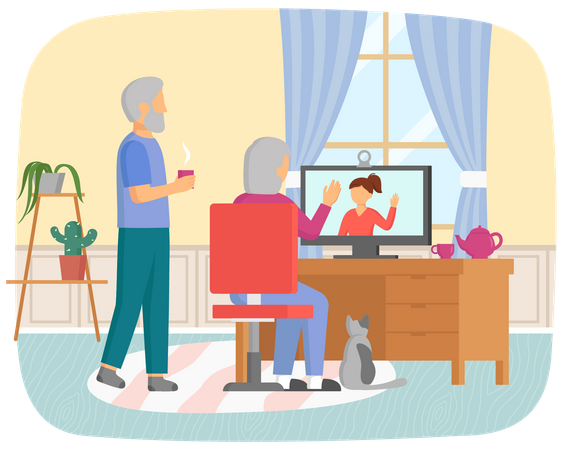 Pareja de ancianos hablando con un familiar por videollamada  Ilustración