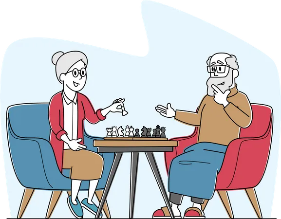 Pareja de ancianos jugando ajedrez en un hogar de ancianos  Ilustración