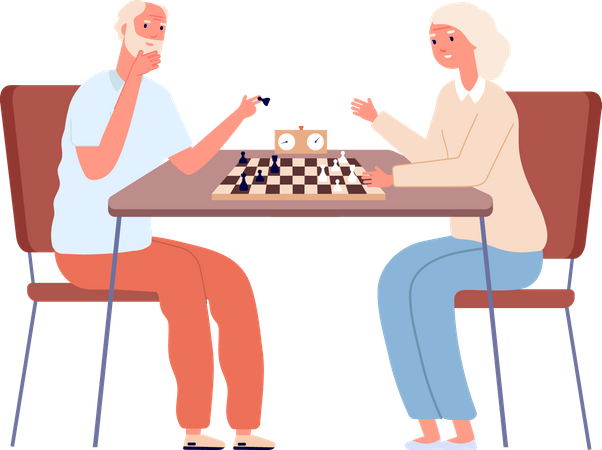 Pareja de ancianos jugando al ajedrez  Ilustración