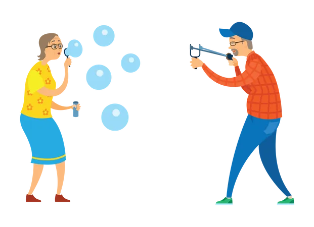 Pareja de personas mayores jugando al juego de burbujas  Ilustración