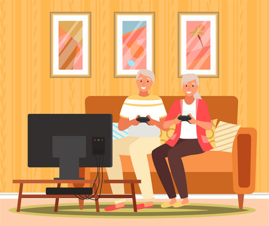 Pareja de ancianos jugando videojuegos  Ilustración