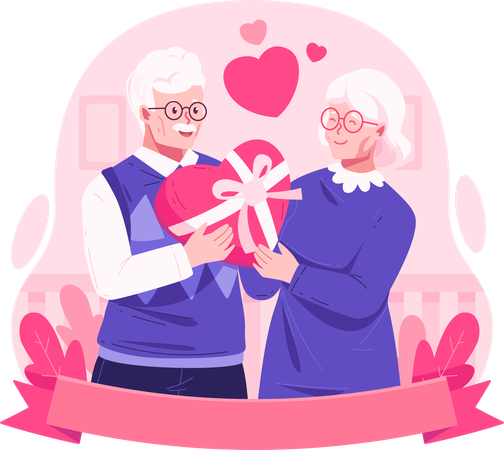 Pareja de ancianos juntos sosteniendo una caja de regalo en forma de corazón  Ilustración