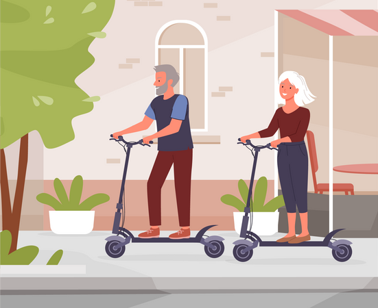 Pareja de ancianos montando scooter eléctrico en la ciudad  Ilustración