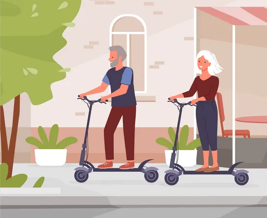 Pareja de ancianos montando scooter eléctrico en la ciudad  Ilustración