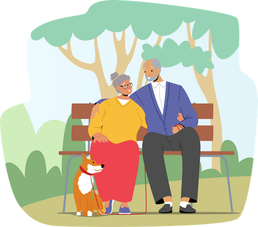 Una pareja de ancianos pasa tiempo con un perro en el parque de la ciudad  Ilustración