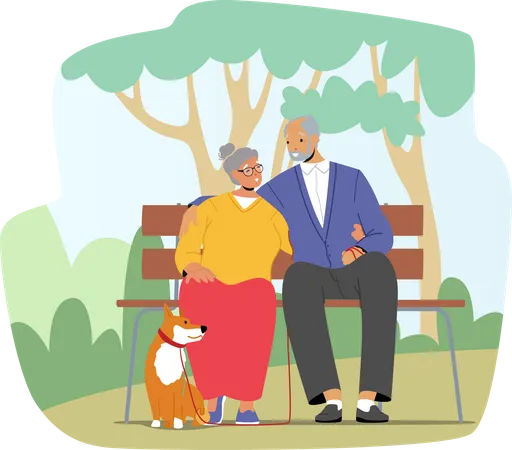 Una pareja de ancianos pasa tiempo con un perro en el parque de la ciudad  Ilustración