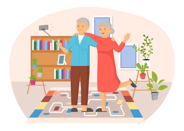 Una pareja de ancianos se toma un selfie en casa  Ilustración