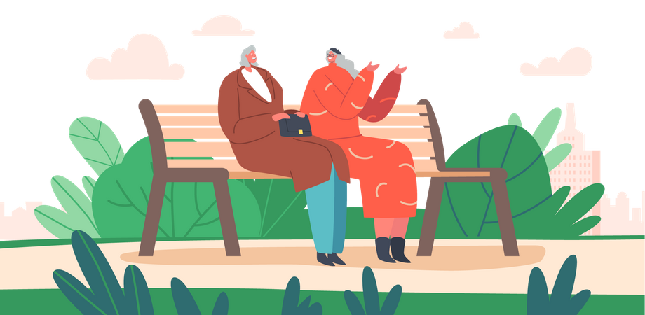 Pareja de ancianos sentados en el parque  Ilustración
