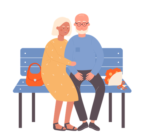 Pareja de ancianos sentados en un banco  Ilustración