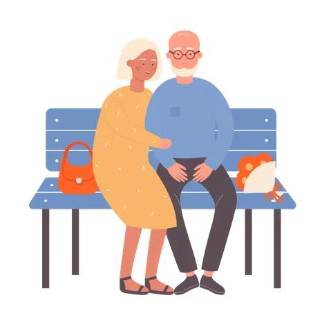 Pareja de ancianos sentados en un banco  Ilustración