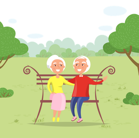 Pareja de ancianos sentados en el parque  Ilustración