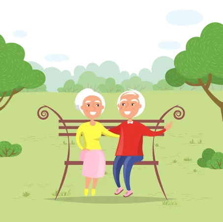 Pareja de ancianos sentados en el parque  Ilustración