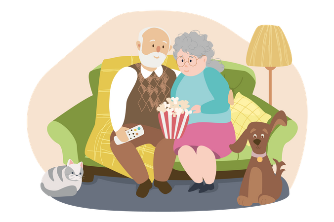 Pareja de ancianos sentados en el sofá y viendo la televisión  Ilustración
