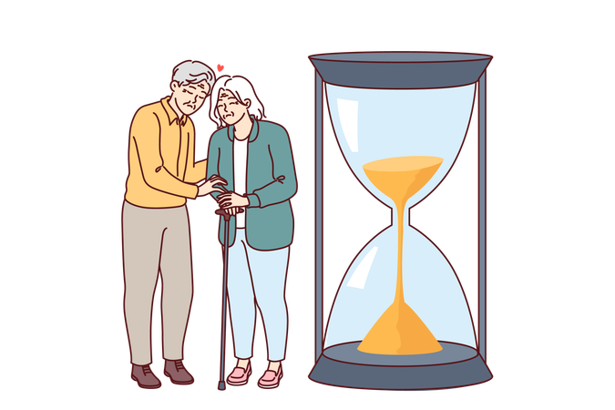 Una pareja de ancianos siente que se desvanecen y se acercan a la muerte parados cerca de un reloj de arena gigante que simboliza la vida.  Illustration