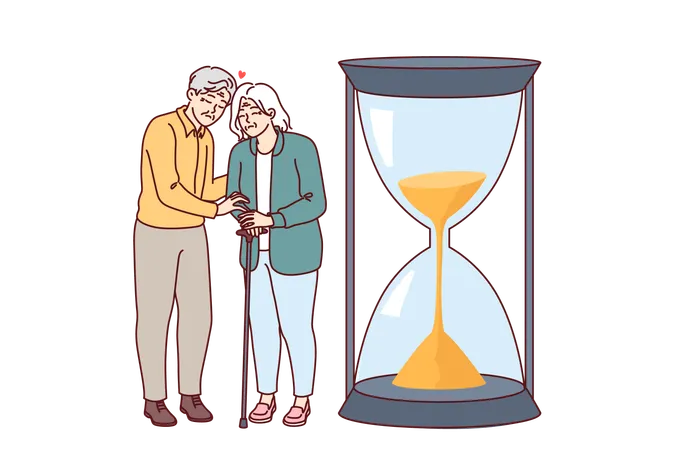 Una pareja de ancianos siente que se desvanecen y se acercan a la muerte parados cerca de un reloj de arena gigante que simboliza la vida.  Illustration