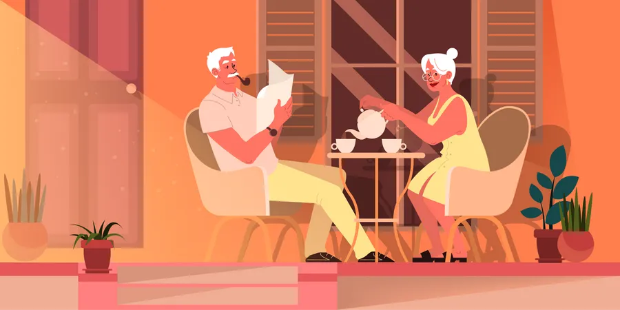 Pareja de ancianos tomando té juntos  Ilustración