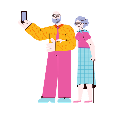 Pareja de ancianos tomando selfie  Ilustración