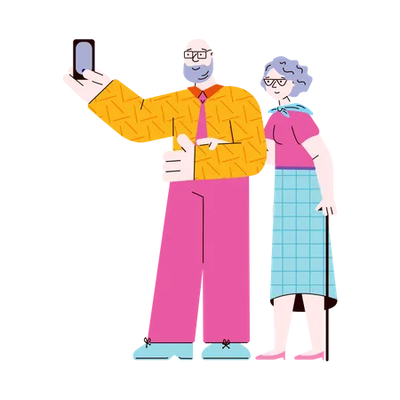 Una Pareja De Ancianos Tomandose Un Selfie Juntos Con Un Telefono Movil Personas Mayores Paradas En El Parque Y Sosteniendo Un Telefono Inteligente Para Tomar Una Foto Ilustracion De Vector Plano Aislado Ilustración
