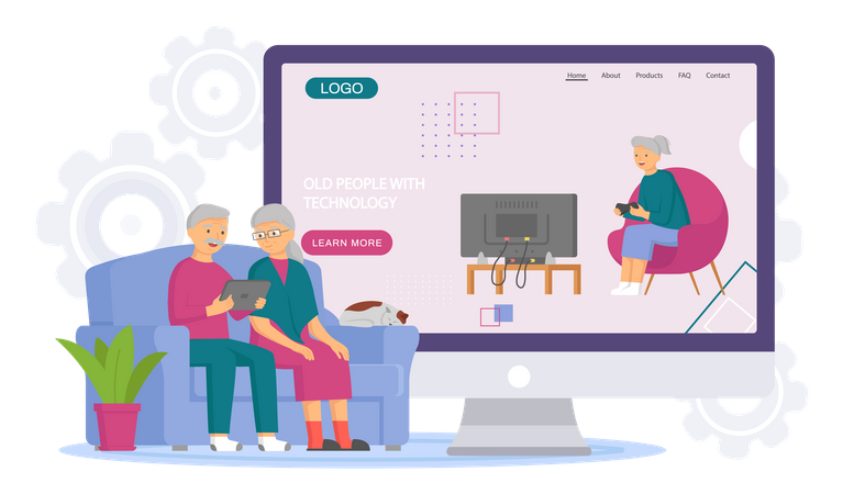 Pareja de ancianos viendo vídeos en una tableta  Ilustración