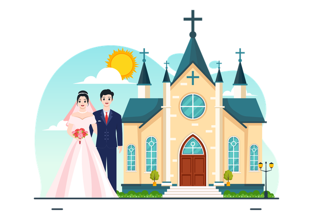 Pareja de novios de pie cerca de la iglesia  Ilustración