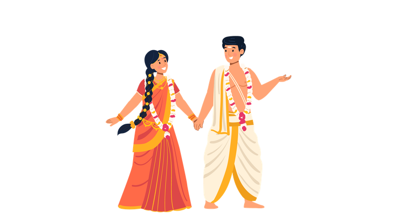 Pareja de novios del sur de la India tomados de la mano  Ilustración