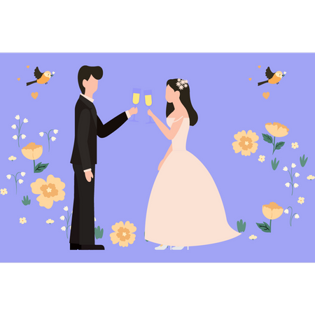 La pareja de novios disfruta de bebidas el día de la boda  Illustration