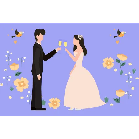 La pareja de novios disfruta de bebidas el día de la boda  Illustration