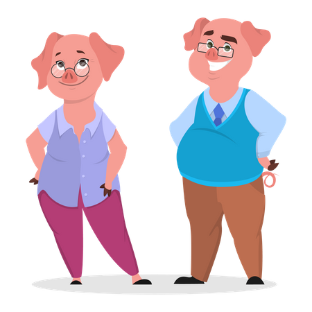 Pareja de cerdos en ropa  Ilustración
