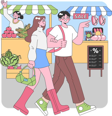 Pareja de compras en el mercado  Ilustración