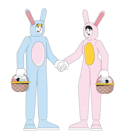 Pareja de conejitos con cestas de Pascua  Ilustración