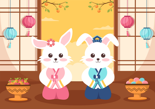 Pareja de conejos con tela tradicional el día de Chuseok  Ilustración