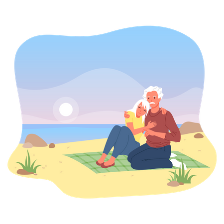 Pareja de ancianos haciendo picnic  Ilustración