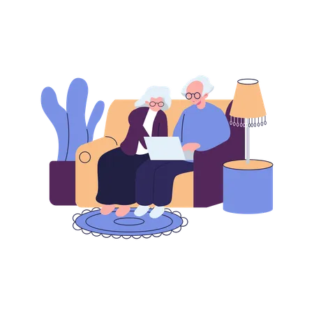 Pareja de ancianos usando internet  Ilustración