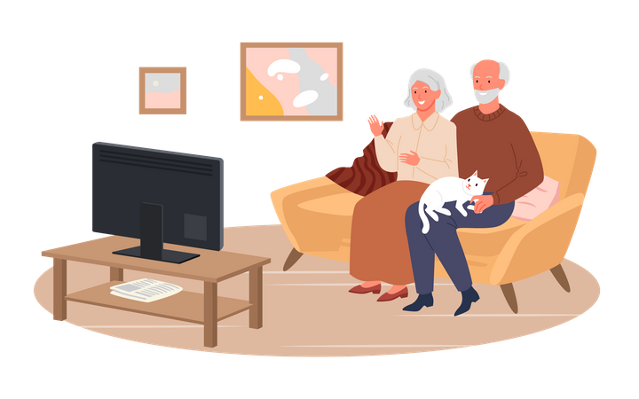 Pareja de ancianos viendo la televisión  Ilustración