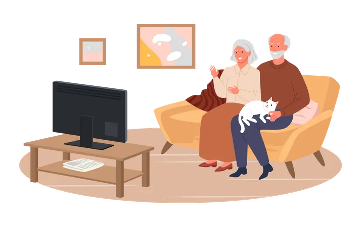 Pareja de ancianos viendo la televisión  Ilustración