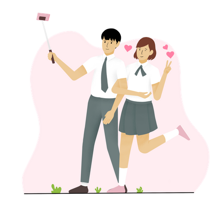 Pareja de estudiantes tomándose selfie usando selfie stick  Ilustración