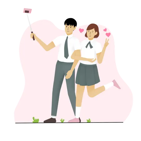 Pareja de estudiantes tomándose selfie usando selfie stick  Ilustración