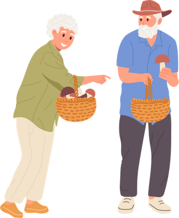 Pareja de ancianos caminando juntos y recogiendo setas  Ilustración