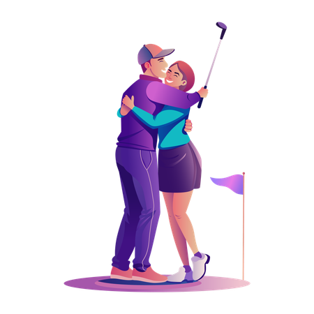 Pareja de golfistas abrazándose en el club de golf  Illustration