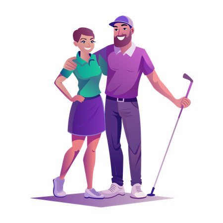 Pareja de golfistas haciendo pose  Ilustración