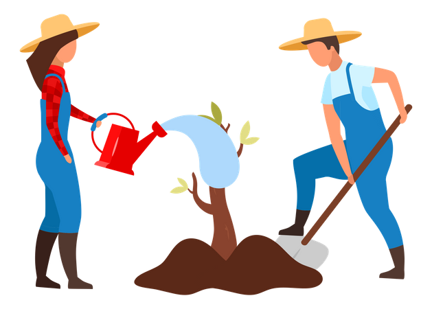 Pareja de agricultores plantando un árbol pequeño  Ilustración