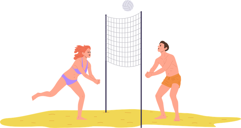 Pareja de hombre y mujer jugando al voleibol de playa  Ilustración