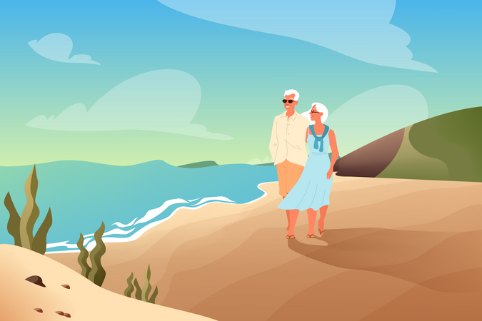 Pareja de jubilados en la playa  Ilustración